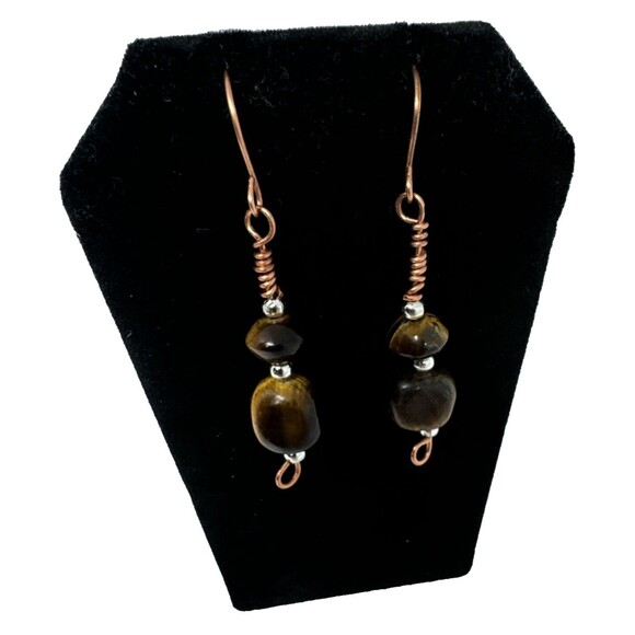 Copper And Tiger's Eye Stone Dangle Earrings Handmade Copper Ear Hooks - Picture 2 of 8